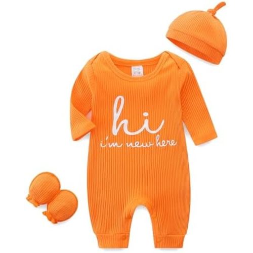 Unisex Newborn Baby Onesie Ribbed Romper Infant Long Sleeve Jumpsuit Hat and Gloves