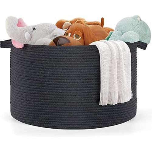 Ravinte Blanket Basket - 20"x 20"x 13" Cotton Rope Basket for Living Room, Baby Toy Storage Basket, Large Woven Laundry Basket (Black)