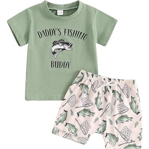 Toddler Fish Outfit Short Sleeve Papas Fishing Buddy T-shirt Fish Shorts 2Pcs Set Father Gift Clothes for Baby
