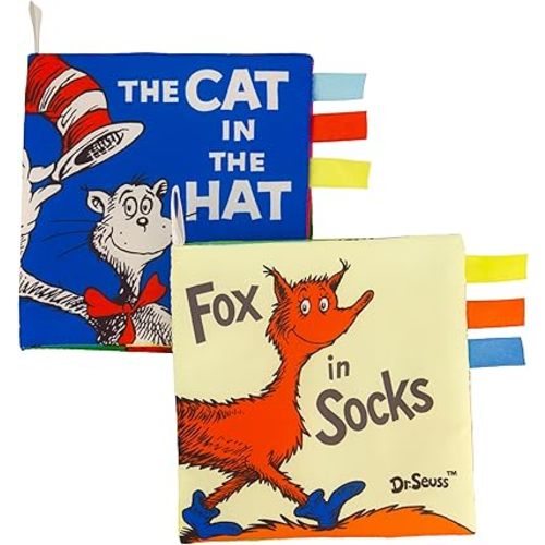 Infantino Dr. Seuss Soft Activity Books, The Cat in The Hat & Fox in Socks, Baby Cloth Books with Colorful Pages and Satin Tags, Sensory Toys for Infants & Toddlers 0+ Months, 2-Pack