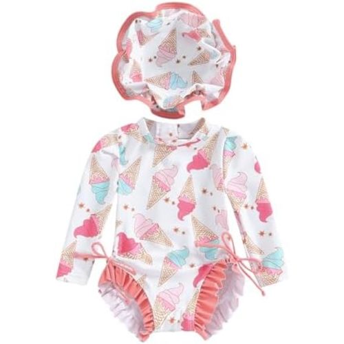 Toddler Baby Girl Cute Rash Guard Floral Long Sleeve Zipper Swimsuits Summer Beach Bathing Suits