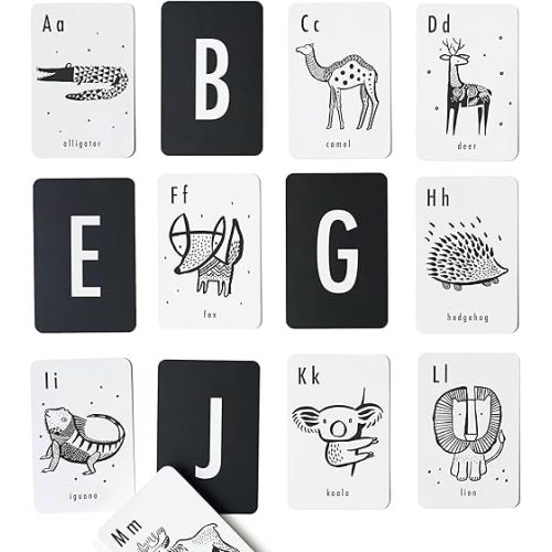 Wee Gallery Educational Flashcards for Babies, Black and White Animal Alphabet, Durable Double Sided Learning Flash Cards, Visual Stimulation, Cognitive Development, Baby, Toddler, Preschool Activity