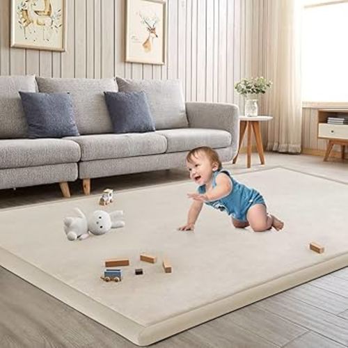 Baby Play Mat for Floor Tummy Time Mat Nursery Rug Muscle Mat Area Rug Playroom Rug Tatami Mat 9'2"x6'7" Memory Foam 1.3" Thick Crawling Mat for Babies,Toddlers, Infants, Kids,Floor Mat(Beige)