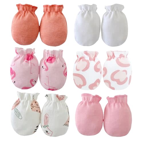 PandaEar 6 Pairs Newborn Baby No Scratch Mittens, 100% Cotton Elastic Wrist Gloves for baby Girls 0-6 Months