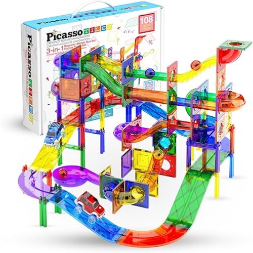 PicassoTiles 108pc 3-in-1 Marble Run Car Race Track Combo Magnetic Tiles PicassoToys Magnet Building Block Educational Construction Toy Playset STEM STEAM Learning Kit Child Brain Development PTG108