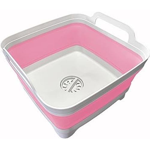9L (2.4Gal Dish Basin Collapsible with Drain Plug Carry Handles, Space Saveing Kitchen Storage Tray Dish Wash Basin, Portable Dish Tub for Camping,RV,Pink