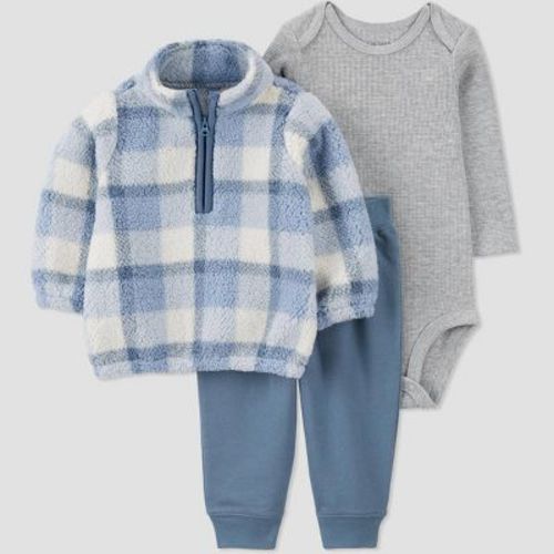 Carter's Just One You®️ Baby Boys' 3pc Plaid Quarter Zip Top & Bottom Set - Blue 18m