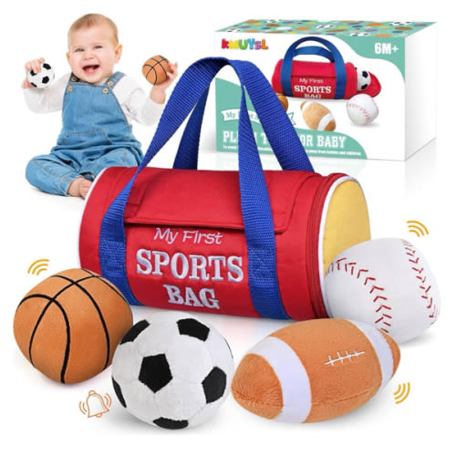 KMUYSL Baby Toys 0-12 Months, My First Sports Bag Plush Toy - 4 Sensory Balls Soft Toys with Crinkle, Rattles for 0-3-6-9-12 Month Newborn Infant, 1st Birthday for Babies Boys Girls Age 1