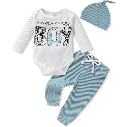 Newborn Baby Boy Clothes Letter Print Ribbed Knitted Long Sleeve Romper Solid Long Pants Hat Baby Boy Outfits 3PCS