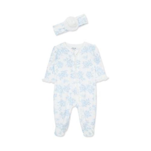 Baby Girls Blue Roses Footie Pajamas with Headband