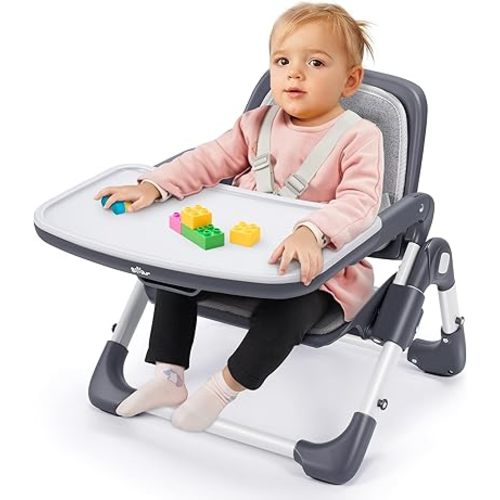 Bear Booster Seat for Kitchen Chair, Adjustable 3-Level Foldable Full-Steel Toddler Booster Seat with Removable Tray, Great for Indoor Outdoor Camping Travel, Grey