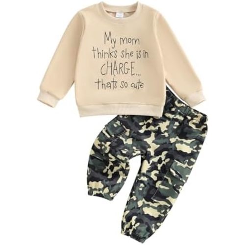 wdehow Toddler Kids Baby Boy Fall Outfits 1T 2T 3T 4T 5T Letter Print Long Sleeve Tops Camouflage Pants Winter Clothes Sets