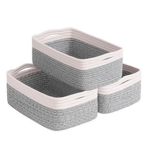 Goodpick Storage Bins, Baskets for Shelves, Cotton Rope Basket for Organization, Closet Organizer Bins, Towel Baskets for Bathroom 3 Pack, White & Light Gray, 11 x 7 x 4.5 in