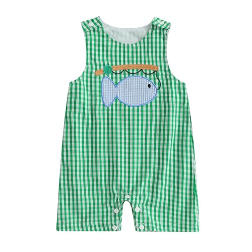 PUHHAPIEY Baby Boy Summer Clothes Sleeveless Embroidery Dinosaur Striped Retro Romper Jumpsuit Smocked Shortall