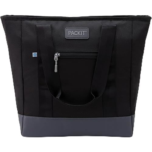 PackIt Freezable Carry Tote, Black/Gray, Engineered with ECOFREEZE+ Technology: Triple Layered Protection for Ultimate Cooling, Foldable, Reusable, Zip Closure, Designed for Fresh Food On the Go