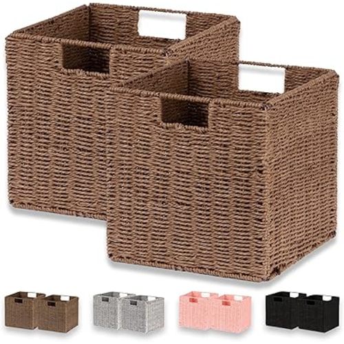 Wicker Basket, Set of 2 Hand-Woven Paper Rope Storage Baskets for Organizing, Foldable Cubby Storage Bins, 11 Inch Large Wicker Storage Basket, Square Baskets Cube Storage Organizer, Brown