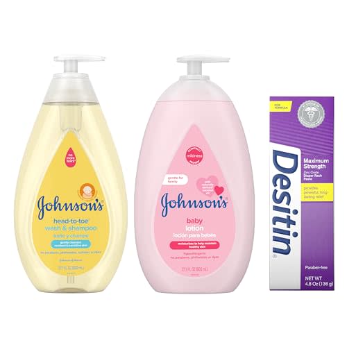 Johnson's Baby Bundle of Head-to-Toe Gentle Tear-Free Baby Wash & Shampoo 27.1 fl. Oz+ Mild Moisturizing Lotion 27.1 Fl. Oz + Desitin Maximum Strength Baby Diaper Rash Cream with 40% Zinc Oxide 4.8 oz