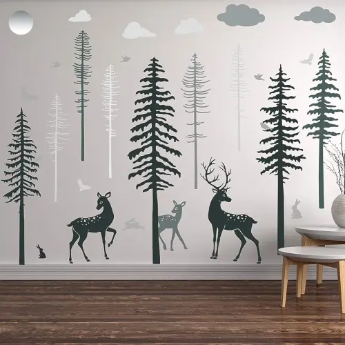 Zonon Nursery Wall Decal Forest Deer Wall Stickers Pine Tree Wall Decals Woodland Vinyl Wall Decor Sticker for Kids Babies Nursery Decoration Bedroom Living Room Decor (15.7 x 35.4 Inch)