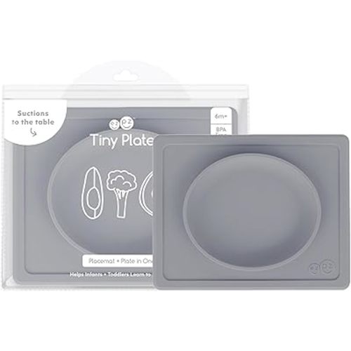 ezpz Tiny Plate - 6 Months+ (Gray) - Silicone Suction Plate for Baby with Built-in Placemat - Baby Led Weaning Supplies - Infant Plate That Fits on Most Highchair Trays