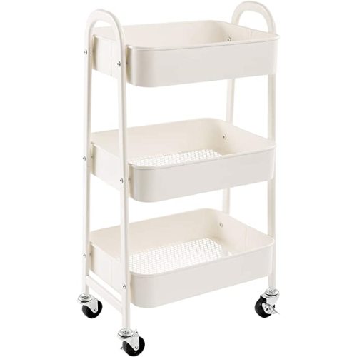 AGTEK Makeup Cart, Movable Rolling Organizer Cart, White 3 Tier Metal Utility Cart
