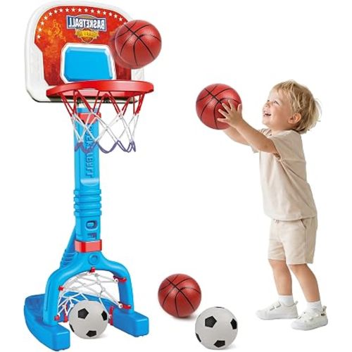 PJG Toddler Basketball Hoop & Soccer Goal Ages 1 2 3 4 5, Adjustable Indoor Basketball Hoop for Kids 1-3 3-5, Spider Toys Baby Mini Basketball Hoops with 4 Balls for Boys Girls Birthday Gift (Blue)
