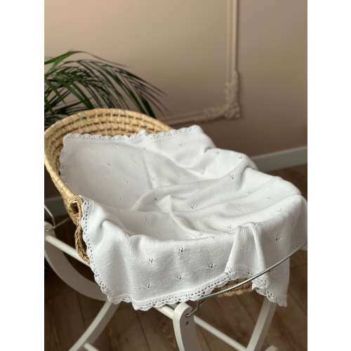 White Hand Knitted Baby Blanket | Stroller Blanket | 100 % Organic Cotton Baby Blanket | Baby Shower Gift | Unisex Blanket