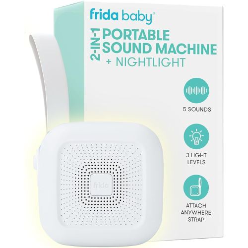Frida Baby 2-in-1 Portable Sound Machine for Baby + Nightlight | White Noise Sound Machine for Baby with 5 Soothing Sounds & 3 Nightlight Modes | Travel Sound Machine Attaches to Strollers, Car Seats