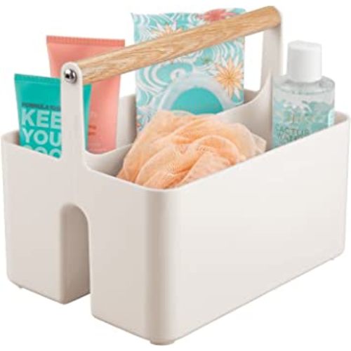 mDesign Plastic Portable Shower Caddy Divided Basket Bin Storage Organizer with Bamboo Handle for Bathroom, Dorm, Shelf & Cabinet Holds Shampoo, Conditioner - Aura Collection, Cream/Natural