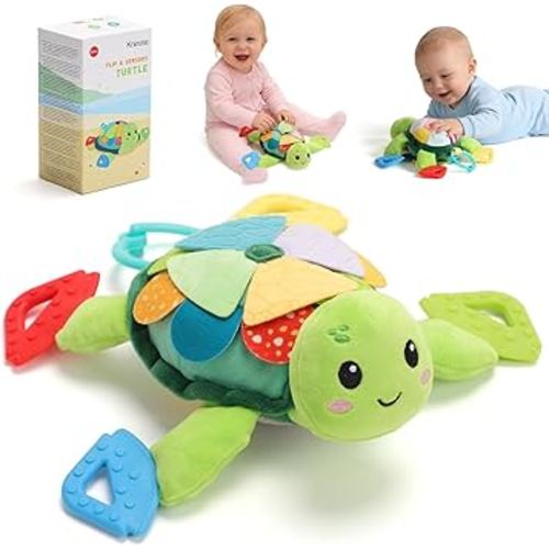 Turtle Baby Sensory Toy, 6 in 1 Montessori Tummy Time Toys Baby Texture Toys, Flip Scales & Multi-Textured Belly & Rattle Squeaker Teethers, Early Educational Toys for 0-3 Years Newborn to Toddler