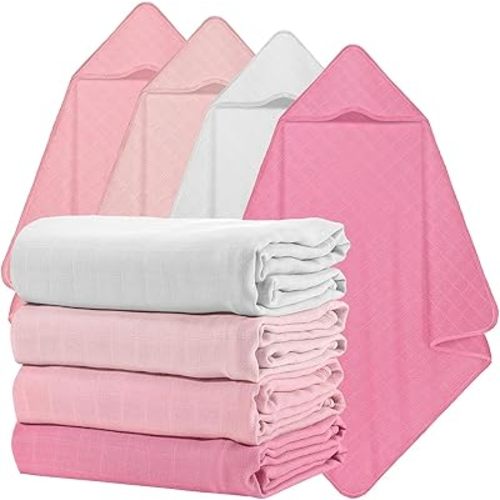 Preboun 4 Pcs Muslin Hooded Baby Towels,32"x 32" Cotton Newborn Bath Towel Muslin Infant Baby Blankets Absorbent Unisex Newborn Registry Gift for Girls Boys(Pink Series)