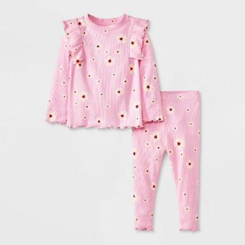 Baby Girls' Floral Ribbed Top & Bottom Set - Cat & Jack™ Light Pink 18m