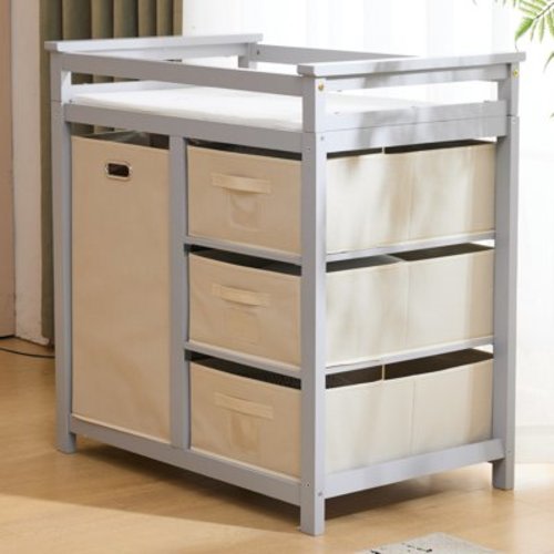Zimtown Baby Changing Table,Dresser Baby Diaper Changing Station with Laundry Hamper,Infant Nursing Table with 3 Storage Drawers,Removable Safety Rail & Strap for Bedroom,Gray