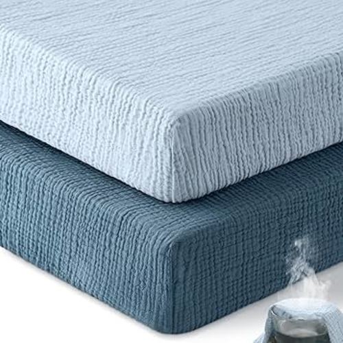 Muslin Crib Sheets for Boys Girls, 100% Cotton Fitted Crib Sheet 2 Pack for Standard Crib and Toddler Mattress, Breathable Soft Baby Sheet 28x52x8in Gradient Blue