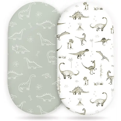 Stretch Ultra Soft Fitted Bassinet Sheet Set 2 Pack, Universal Fit for Bassinets Baby Cradle Moses Basket Oval Rectangle Mattress Safe and Snug, Dinosaur
