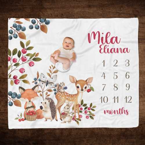 WOODLAND ANIMALS MILESTONE Blanket, Baby Girl Woodland Milestone Month Growth Blanket, Woodland Nursery Baby Girl Gift Baby Blanket Keepsake