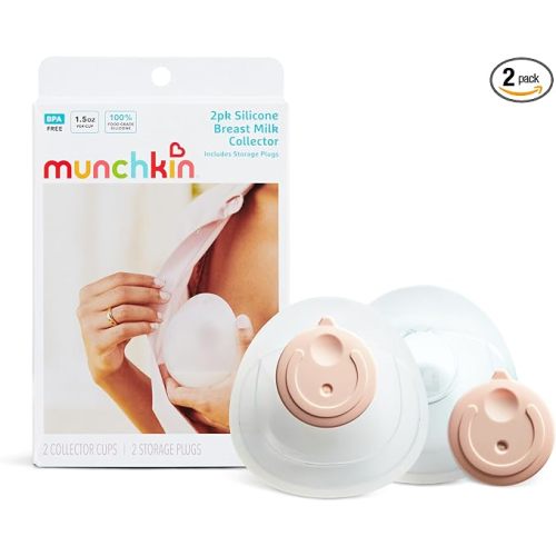 Munchkin Breast Milk Collector Cups with Storage Plug, Food Grade Silicone, BPA Free, 1.5 Ounces Each - Discreet & Comfortable, Leak Free, Breastfeeding Essential for Postpartum Moms, 2 Pack