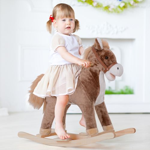 Qaba Kids Rocking Horse, Ride on Horse for Toddlers with Soft Plush Body, Wooden Base & Handle Grip for 3+ Year Old
