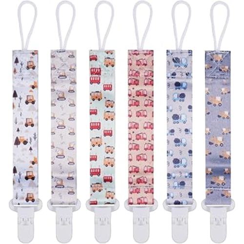 Baby Pacifier Clip,Paci Leash Binky Clips for Baby Boys and Girls,Newborn Essentials,Pack of 6 Gift Set. (Construction Truck)