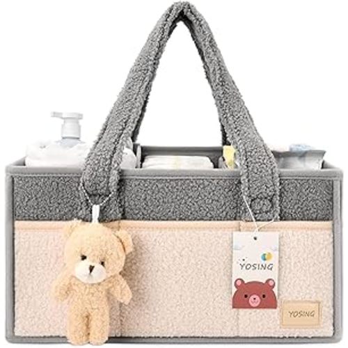 YOSING Diaper Caddy Organizer, Baby Diaper Caddy for Car, Diaper Caddy for Changing Table, Newborn Caddy for Car Travel, Nursery Storage and Car Organizer for Diapers and Baby Wipes, Gray+ White