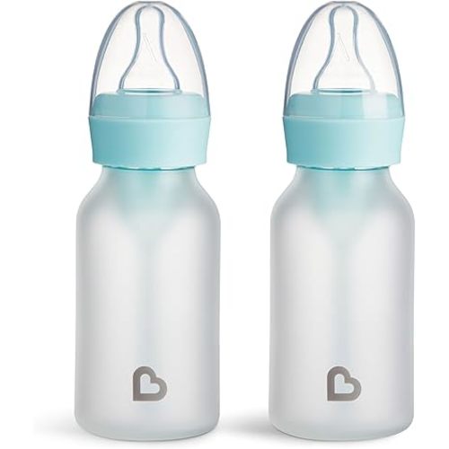 Munchkin Bond Silicone Coated Glass Baby Bottles - Anti-Colic Feeding System with Natural Feel Nipples, 4 Ounce, 2 Pack, Blue
