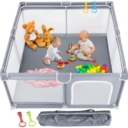 Todale 50”×50” Baby Playpen - Safe Infant & Toddler Gate for Crib - Portable Floor Yard with Anti-Slip Base and Breathable Mesh in Gray - Playpen for Babies and Toddlers, Gray