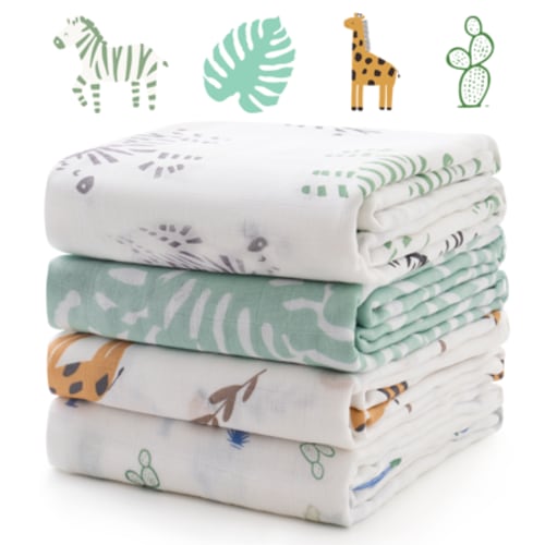 Momcozy Muslin Swaddle Blankets, 4 Pack, Breathable 2-Layer Gauze Large 47'' x 47'' Baby Swaddling Receiving Blanket Wraps for Newborn Boys Girls, Bravery