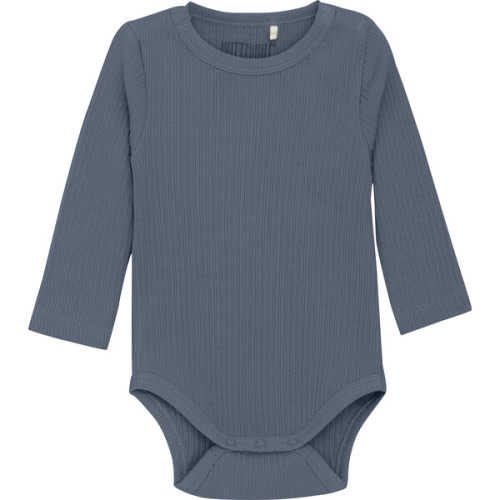 Babys Organic Cotton Ribbed Long Sleeve Snap Buttons Body Suit, Stormy Weather - HutteliHut | Maisonette