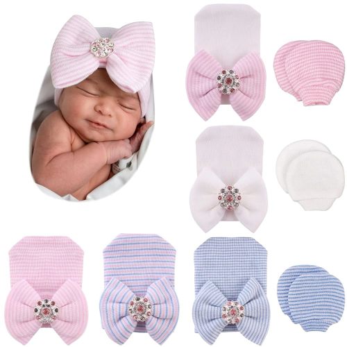 BQUBO Newborn Baby Caps Mittens for Baby Girls Baby Hats Scratch Mitten Gloves Set Soft Hospital Hat Infant Hats with Bow