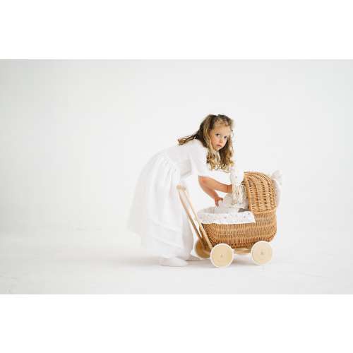 Exclusive hand-woven doll carriage, original toy for girls, natural wicker stroller with bedding in boho berries, gift idea, first b-day