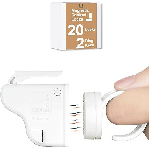 Roving Cove Ergonomic Magnetic Cabinet Baby Locks 20-pk, Child Proof Drawer Cupboard Latches, Adhesive, Easy Install with Starter Tape System
