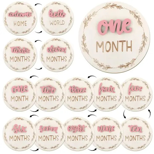 7 Pcs Months Baby Milestone Signs, 3D Pink Baby Monthly Milestone Cards Milestone Wooden Circles for Newborn Boy Girl 1-12 Months Baby Milestone Pictures (Double Sided)
