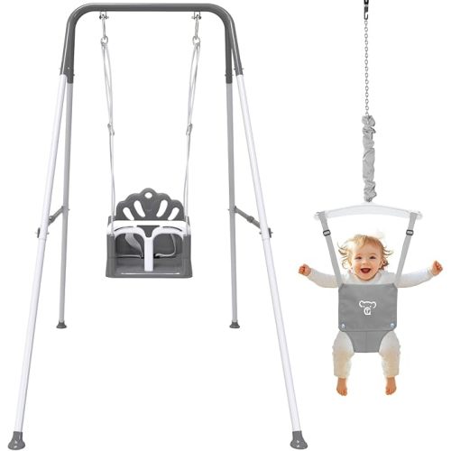 Foldable Toddler Swing Set and Baby Jumper, Indoor & Outdoor Use, Baby Bouncer Jumper, Safe and Durable Swing Set for Backyard (Gray)