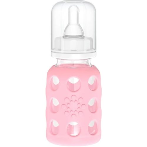 Lifefactory 4-Ounce Glass Baby Bottle with Protective Silicone Sleeve and Stage 1 Nipple Pink (LF110003C4)