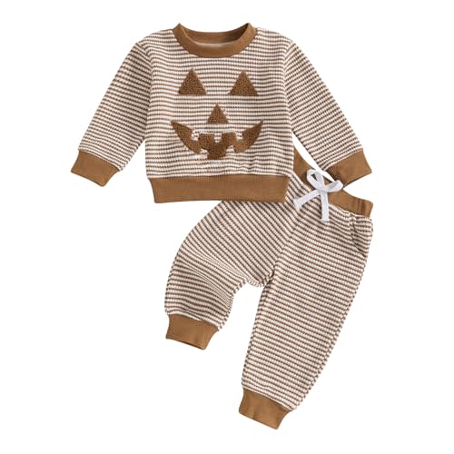 MERSARIPHY Toddler Baby Boy Girl Halloween Outfit Long Sleeve Stripes Pumpkin Sweatshirt Pants Set Infant Fall Winter Clothes